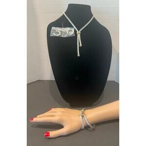 NEW 2 Tone Silver Gold Mesh Double Strand Necklace Pcd Earrings & 2 Bracelet Set